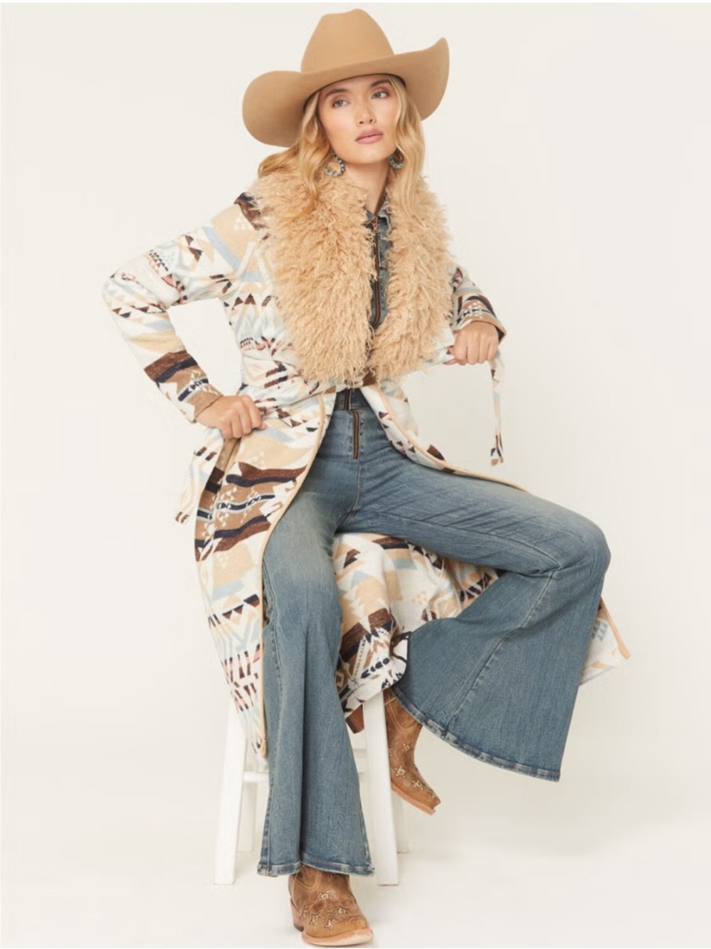 Shyanne Cream, Tan & Brown Geometric Blanket Coat with Fur Collar